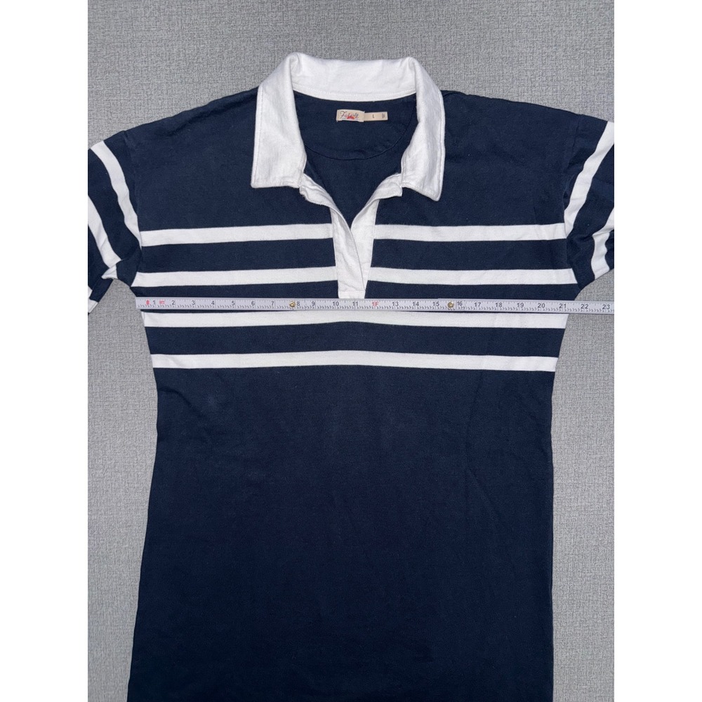 Excellent Faherty Size L Polo Dress Navy White Striped Long Sleeve Rugby Cotton